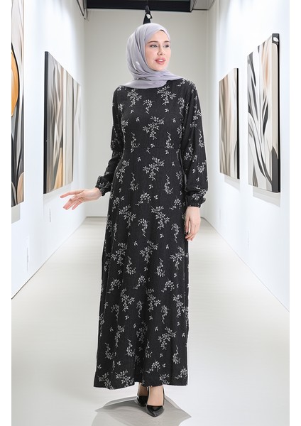 Kolu Lastikli Desenli Elbise 2047-02 Siyah modelleri