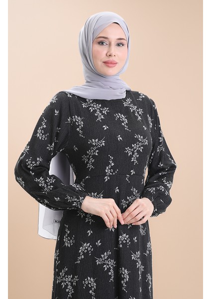 Kolu Lastikli Desenli Elbise 2047-02 Siyah fırsatları