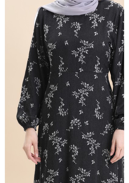 Kolu Lastikli Desenli Elbise 2047-02 Siyah indirimleri