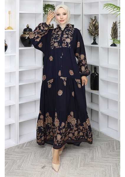 Viskon Kumaş Desenli Elbise 2045-04 Lacivert