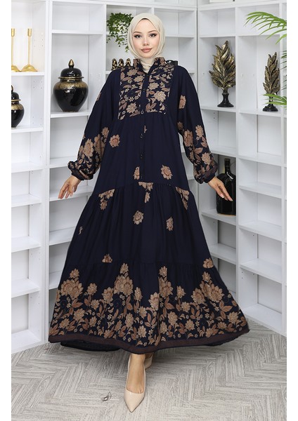 Viskon Kumaş Desenli Elbise 2045-04 Lacivert fiyatları