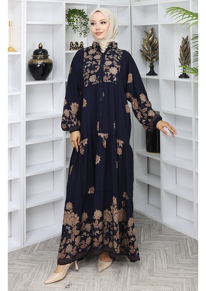 Viskon Kumaş Desenli Elbise 2045-04 Lacivert modelleri