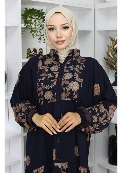 Viskon Kumaş Desenli Elbise 2045-04 Lacivert fırsatları