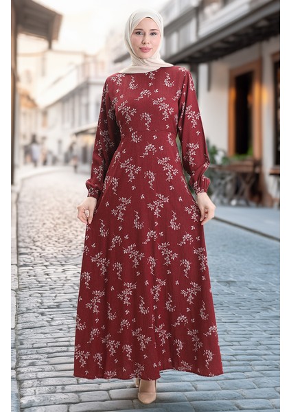 Kolu Lastikli Desenli Elbise 2047-05 Bordo
