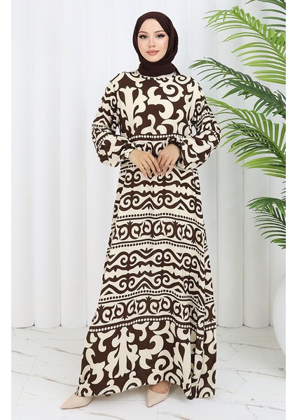 Viskon Kumaş Desenli Elbise 0057-04 Kahverengi Bej