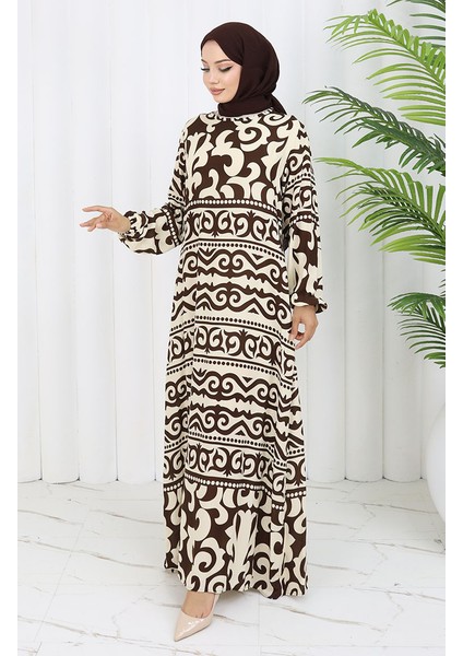 Viskon Kumaş Desenli Elbise 0057-04 Kahverengi Bej fiyatları