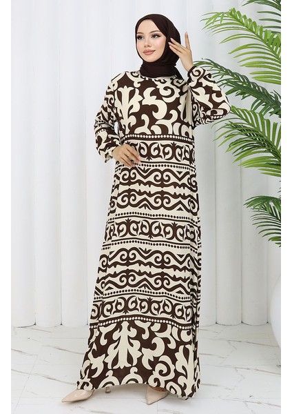 Viskon Kumaş Desenli Elbise 0057-04 Kahverengi Bej modelleri