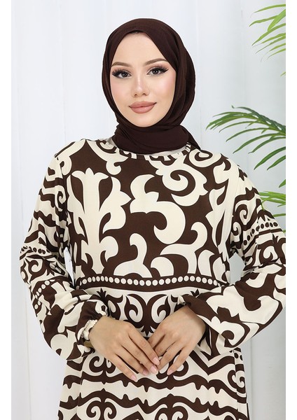 Viskon Kumaş Desenli Elbise 0057-04 Kahverengi Bej fırsatları