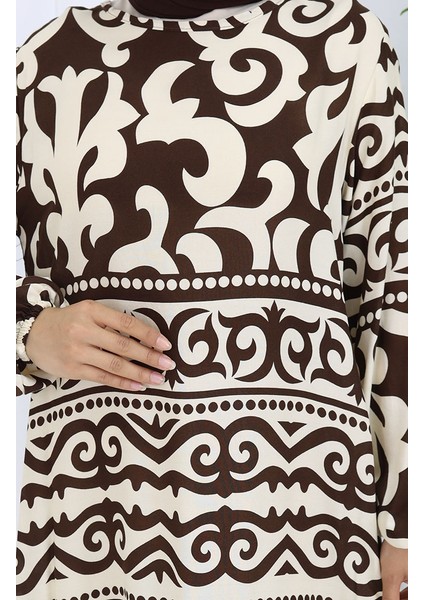 Viskon Kumaş Desenli Elbise 0057-04 Kahverengi Bej indirimleri