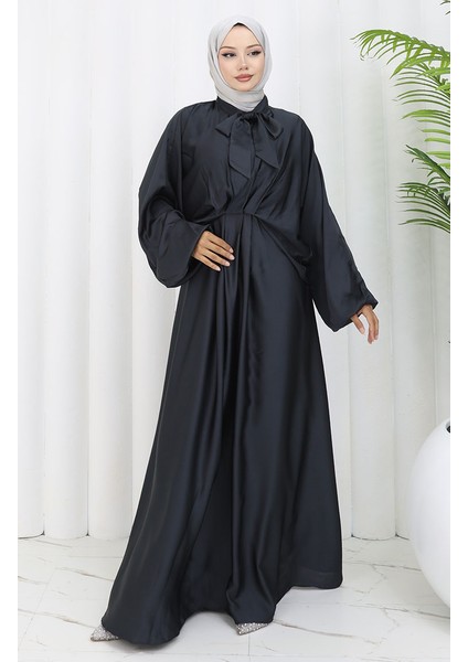 Kravat Yaka Saten Elbise 6204-05 Siyah