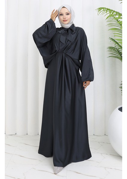 Kravat Yaka Saten Elbise 6204-05 Siyah fiyatları