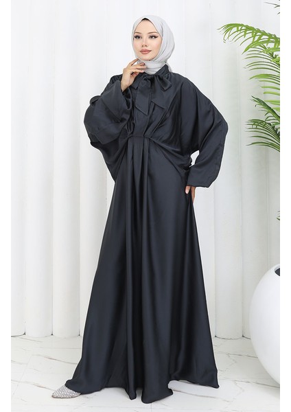 Kravat Yaka Saten Elbise 6204-05 Siyah modelleri