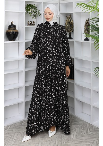 Viskon Kumaş Desenli Elbise 2048-05 Siyah