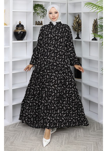 Viskon Kumaş Desenli Elbise 2048-05 Siyah fiyatları