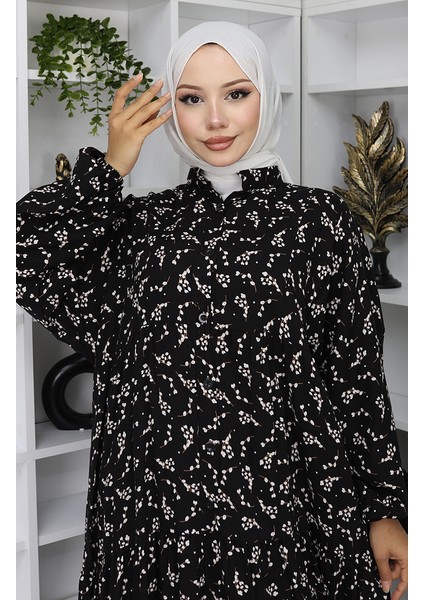 Viskon Kumaş Desenli Elbise 2048-05 Siyah modelleri