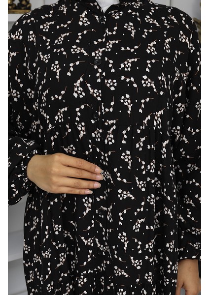 Viskon Kumaş Desenli Elbise 2048-05 Siyah fırsatları