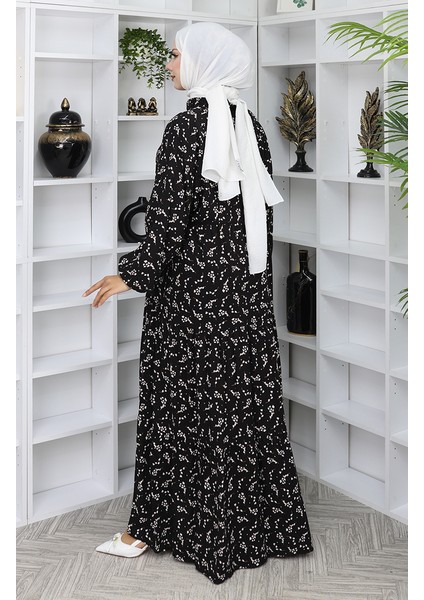 Viskon Kumaş Desenli Elbise 2048-05 Siyah indirimleri