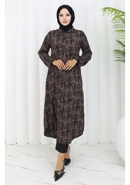 Viskon Kumaş Boydan Düğmeli Uzun Tunik 0073-01 Vizon Siyah