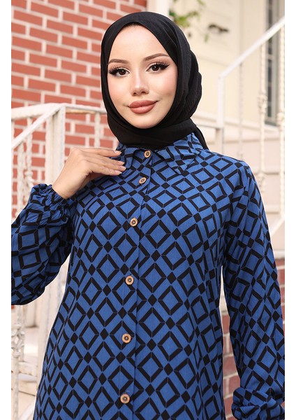Viskon Kumaş Boydan Düğmeli Uzun Tunik 0071-02 Saks modelleri