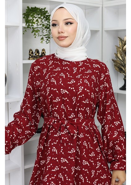 Desenli Kuşaklı Elbise 2049-03 Bordo modelleri