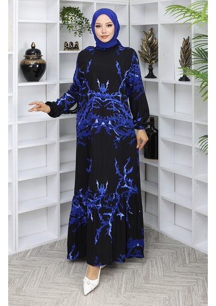 Viskon Kumaş Desenli Elbise 2040-02 Siyah Saks