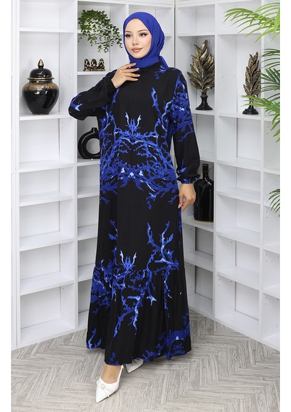 Viskon Kumaş Desenli Elbise 2040-02 Siyah Saks fiyatları