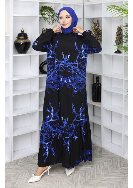 Viskon Kumaş Desenli Elbise 2040-02 Siyah Saks modelleri