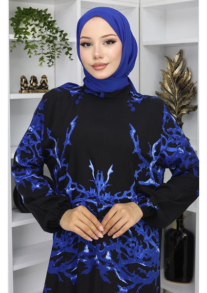 Viskon Kumaş Desenli Elbise 2040-02 Siyah Saks fırsatları
