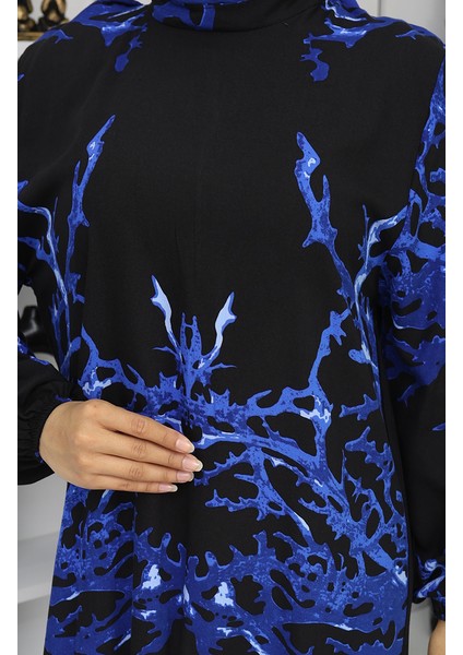 Viskon Kumaş Desenli Elbise 2040-02 Siyah Saks indirimleri