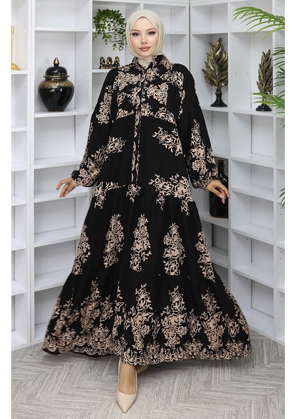 Viskon Kumaş Yarım Düğmeli Elbise 2044-03 Siyah