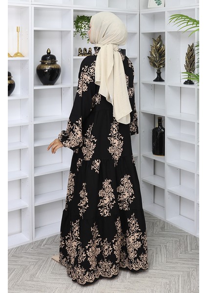 Viskon Kumaş Yarım Düğmeli Elbise 2044-03 Siyah indirimleri