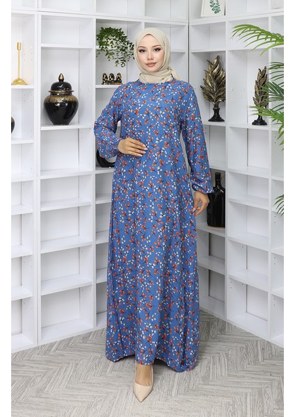 Viskon Kumaş Desenli Elbise 0055-01 Indigo