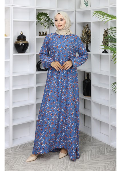 Viskon Kumaş Desenli Elbise 0055-01 Indigo fiyatları