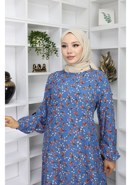 Viskon Kumaş Desenli Elbise 0055-01 Indigo modelleri