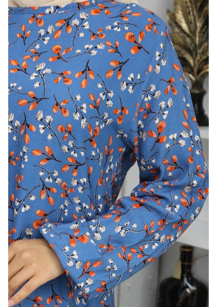 Viskon Kumaş Desenli Elbise 0055-01 Indigo fırsatları