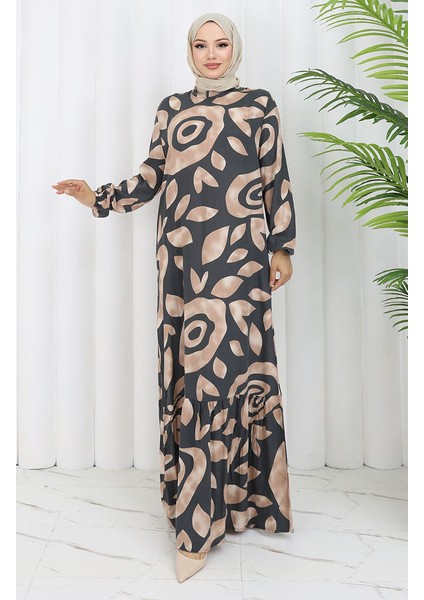 Viskon Kumaş Desenli Elbise 2041-05 Gri Vizon