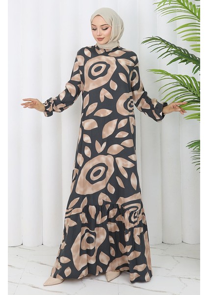 Viskon Kumaş Desenli Elbise 2041-05 Gri Vizon fiyatları