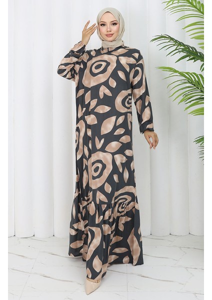 Viskon Kumaş Desenli Elbise 2041-05 Gri Vizon modelleri