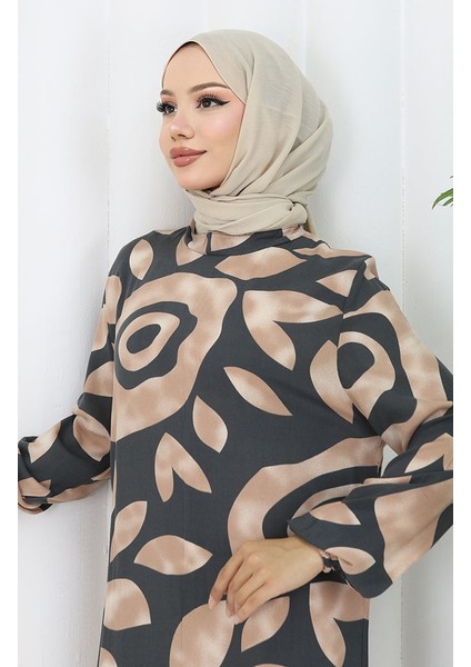 Viskon Kumaş Desenli Elbise 2041-05 Gri Vizon fırsatları