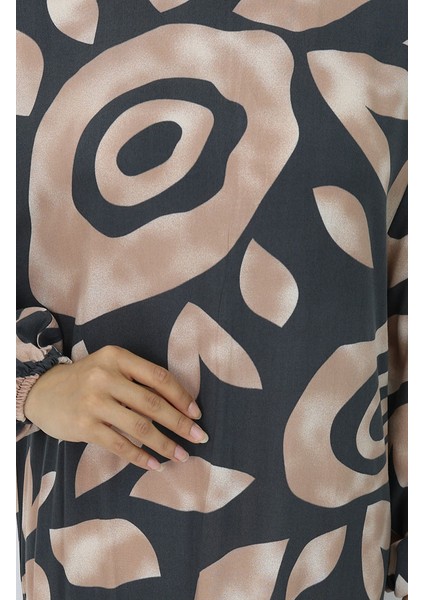 Viskon Kumaş Desenli Elbise 2041-05 Gri Vizon indirimleri