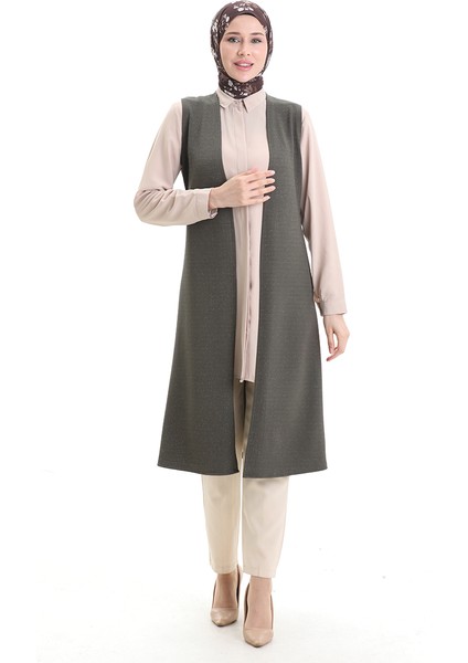 Mevsimlik Uzun Basic Yelek Büyük Beden Anne Yelek 8747-02 Haki