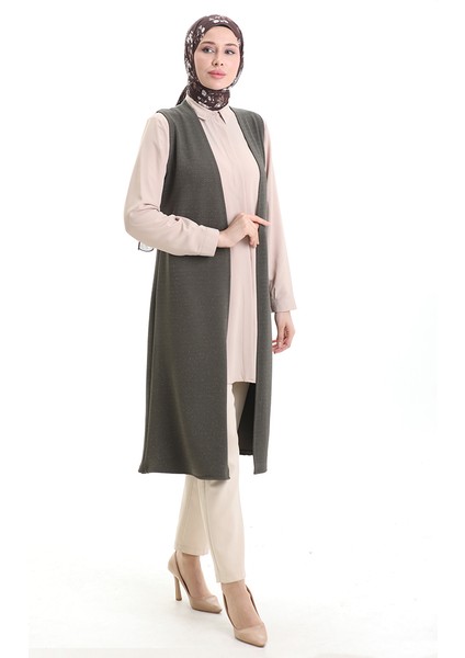 Mevsimlik Uzun Basic Yelek Büyük Beden Anne Yelek 8747-02 Haki fiyatları