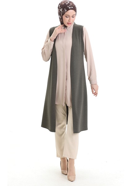 Mevsimlik Uzun Basic Yelek Büyük Beden Anne Yelek 8747-02 Haki modelleri