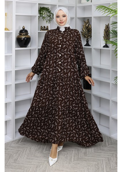Viskon Kumaş Desenli Elbise 2048-02 Kahverengi