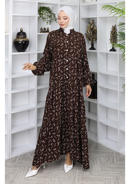 Viskon Kumaş Desenli Elbise 2048-02 Kahverengi fiyatları