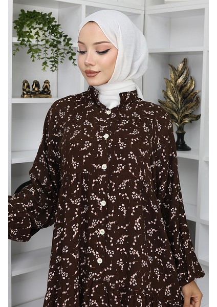 Viskon Kumaş Desenli Elbise 2048-02 Kahverengi modelleri