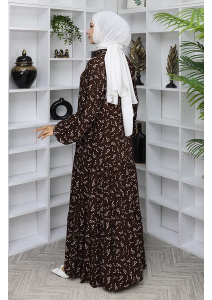 Viskon Kumaş Desenli Elbise 2048-02 Kahverengi indirimleri