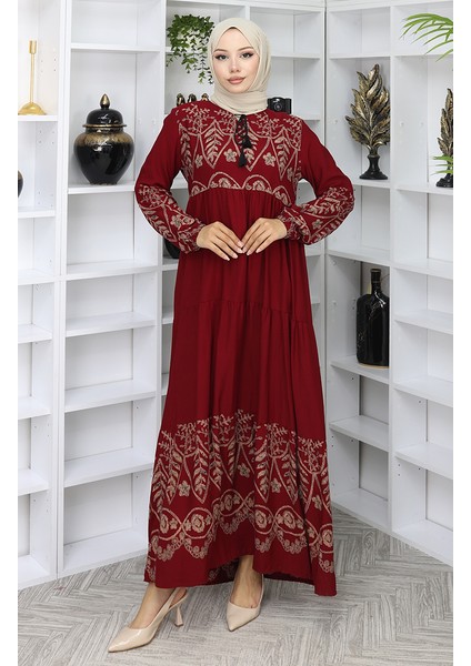 Desenli Viskon Elbise 4076-05 Bordo
