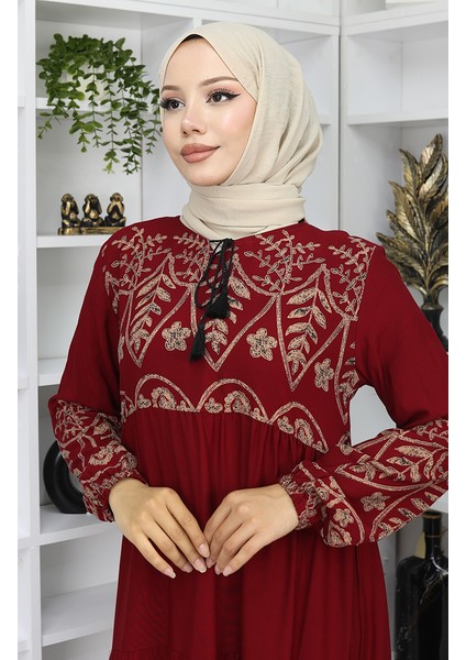 Desenli Viskon Elbise 4076-05 Bordo modelleri