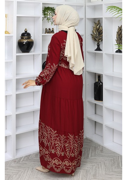 Desenli Viskon Elbise 4076-05 Bordo indirimleri
